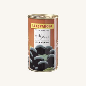 La Española Unpitted black olives (aceitunas negras con hueso), can 185 gr drained (350 gr net weight)
